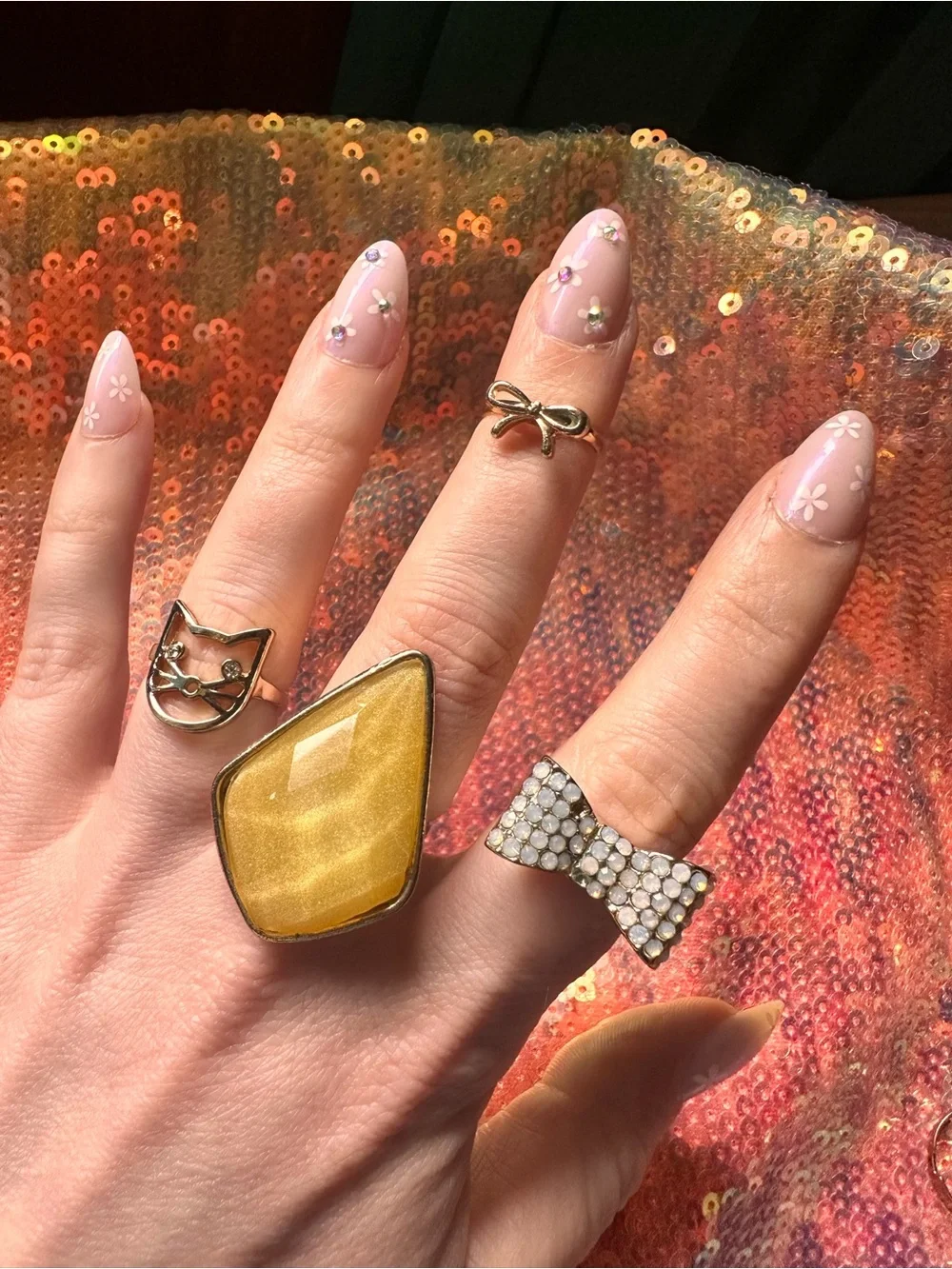 UO • Gold Tone Cat, Bow, Ribbon and Rhinestone Ring Bundle